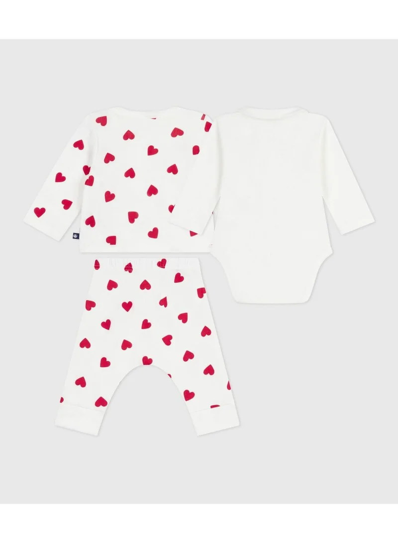 Petit Bateau Babies' three piece heart print cotton wrapover top set