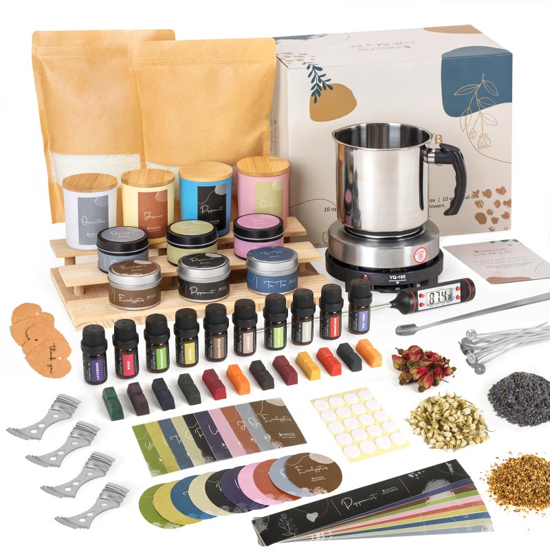 SAEUYVB Candle Making Kit DIY Starter Soy Candle Making Supplies with Wax Melter Including Soy Wax 10 Candle Jars 10 Pleasant Scents Color Dyes MorePerfect Candle Making Kit for Adults