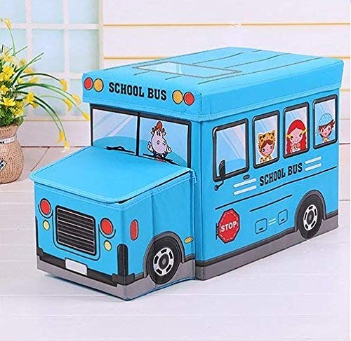 Inditradition Foldable Storage Box with Lid Cum Stool for Kids (School Bus Shape, Hard Cardboard, Blue) - Image 2