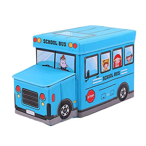 Inditradition Foldable Storage Box with Lid Cum Stool for Kids (School Bus Shape, Hard Cardboard, Blue) - Image 1