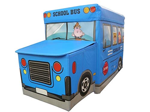 Inditradition Foldable Storage Box with Lid Cum Stool for Kids (School Bus Shape, Hard Cardboard, Blue) - Image 3