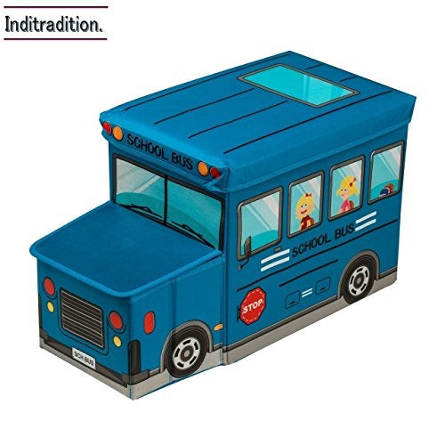Inditradition Foldable Storage Box with Lid Cum Stool for Kids (School Bus Shape, Hard Cardboard, Blue) - Image 5