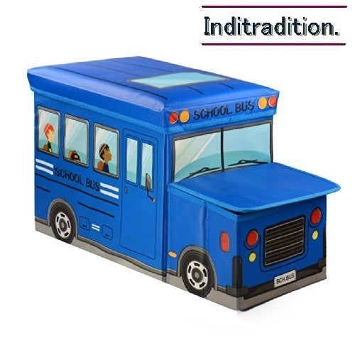 Inditradition Foldable Storage Box with Lid Cum Stool for Kids (School Bus Shape, Hard Cardboard, Blue) - Image 4