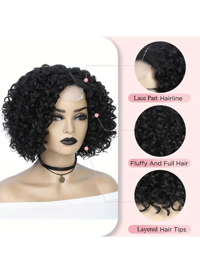 Black 10 Inch Short Curly Bob Wig Lace Front Synthetic Hair Pre Stretched - Image 3