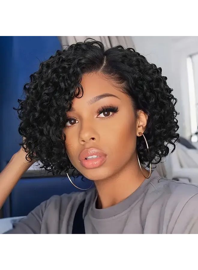 Black 10 Inch Short Curly Bob Wig Lace Front Synthetic Hair Pre Stretched - Image 2