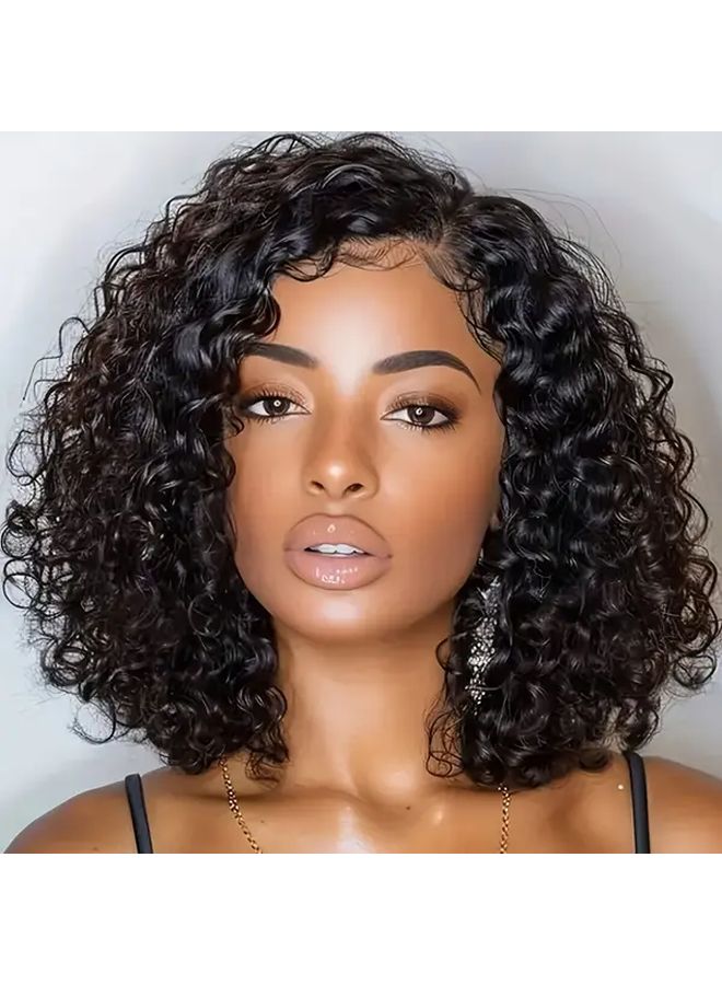Black 10 Inch Short Curly Bob Wig Lace Front Synthetic Hair Pre Stretched - Image 1