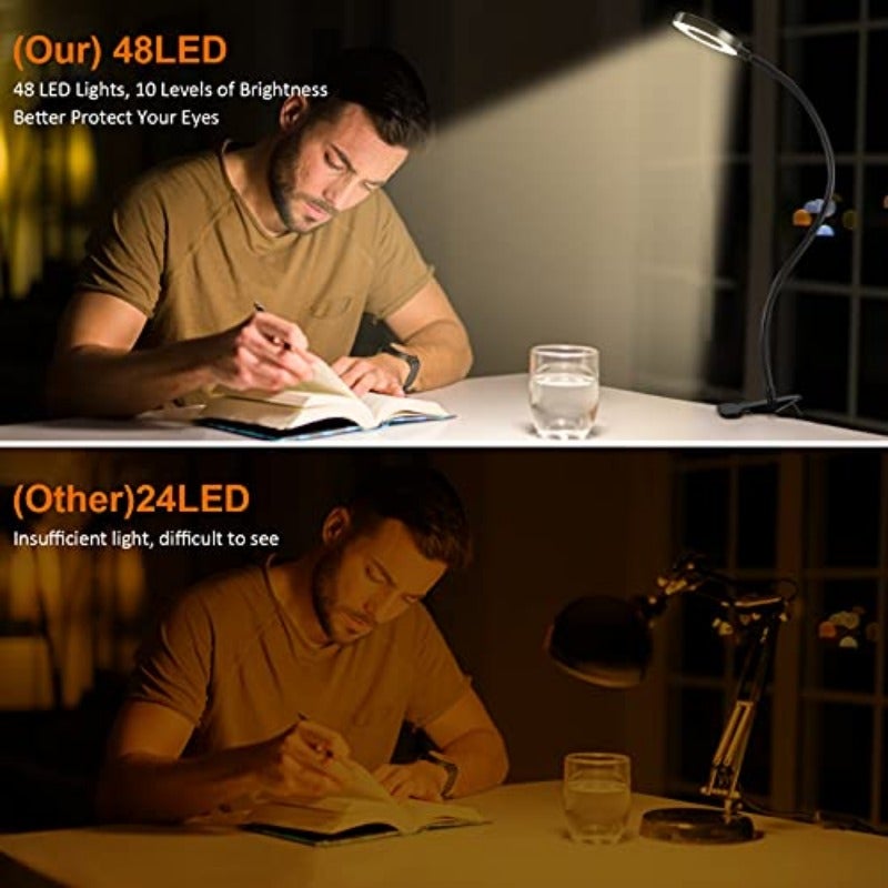 مصباح قراءة بشريط إضاءة 48 LED يعمل عبر USB مع ثلاثة أوضاع ألوان و10 مستويات سطوع، للحماية من العين، مع مشبك للكتب، ذراع مرن 360 درجة، ومصباح مشبك للمكتب، لوح الرأس، والمؤتمرات عبر الفيديو - Image 3