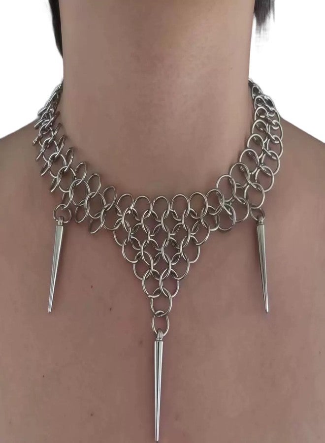 BaBakiak Punk Style Silver Riveted Chainmail Choker Necklace, Adjustable Spiked Statement Jewelry - Image 5
