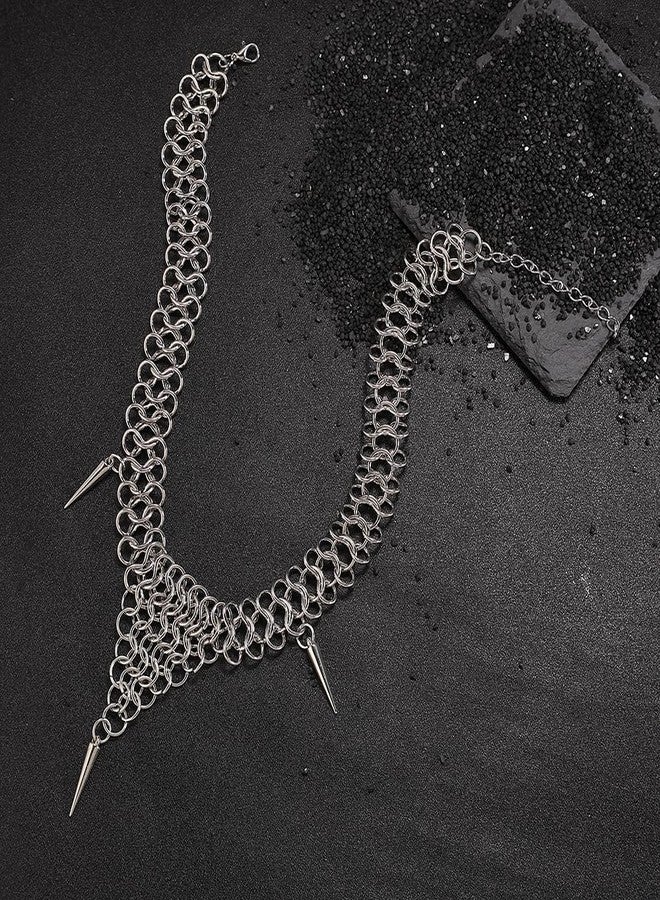 BaBakiak Punk Style Silver Riveted Chainmail Choker Necklace, Adjustable Spiked Statement Jewelry - Image 3