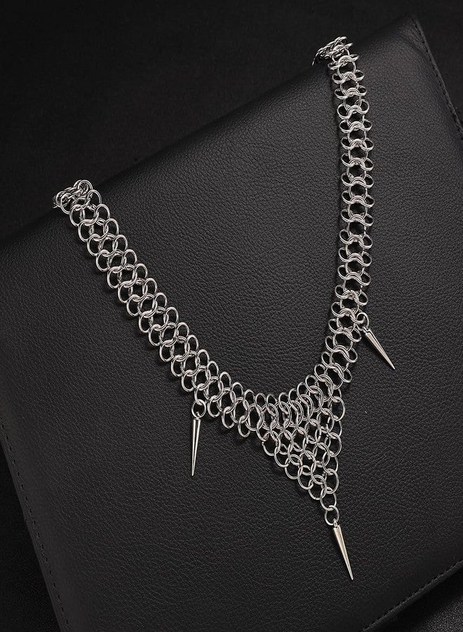 BaBakiak Punk Style Silver Riveted Chainmail Choker Necklace, Adjustable Spiked Statement Jewelry - Image 2