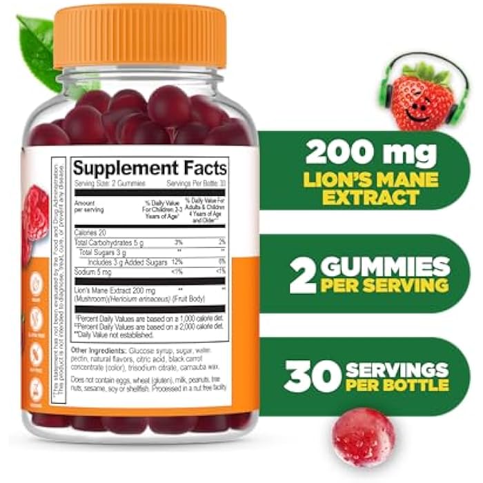Lifeable Lions Mane Gummies for Kids | Great Tasting Lions Mane Mushroom Supplement | Vegan, Kosher, Non-GMO Kids Mushroom Gummies | Brain Support | 60 Count - Image 2