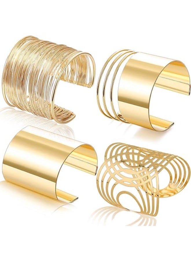 4 PCS Cuff Bangle Bracelet for Women Open Wide Wire Bracelets Wrist Cuff Wrap Bracelet (GOLD)