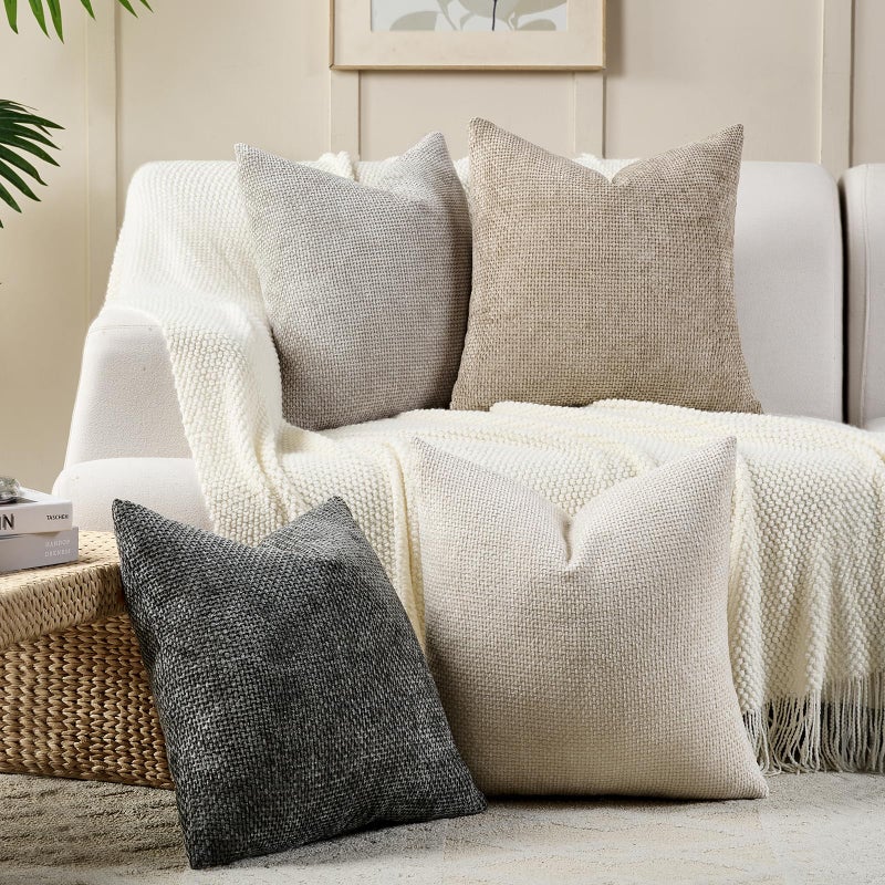 Volcanics Boho Throw Pillow Covers 18x18 Set of 4, Neutral Chenille Decorative Cushion Covers for Couch, Sofa, Bedroom, Living Room, Farmhouse & Mid-Century Modern Home Decor - Image 4