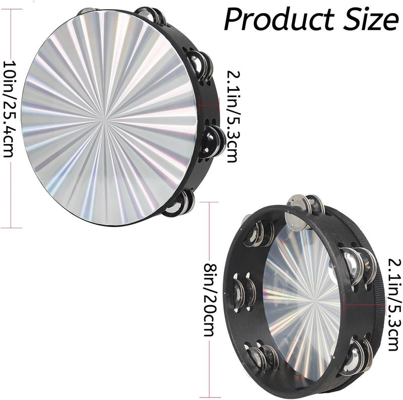 Youeon 2 Pack Radiant Tambourine with Double Row Jingles, 8/10 Inch Wood Handbell Music Reflective Drum, Hand Drum Percussion Instrument for Church, Tambourine for Dance, Party, KTV - Image 2