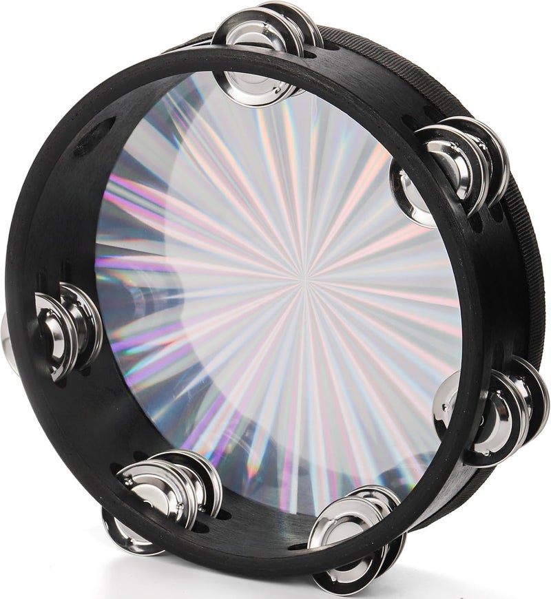 Youeon 2 Pack Radiant Tambourine with Double Row Jingles, 8/10 Inch Wood Handbell Music Reflective Drum, Hand Drum Percussion Instrument for Church, Tambourine for Dance, Party, KTV - Image 4