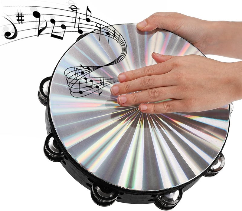 Youeon 2 Pack Radiant Tambourine with Double Row Jingles, 8/10 Inch Wood Handbell Music Reflective Drum, Hand Drum Percussion Instrument for Church, Tambourine for Dance, Party, KTV - Image 5