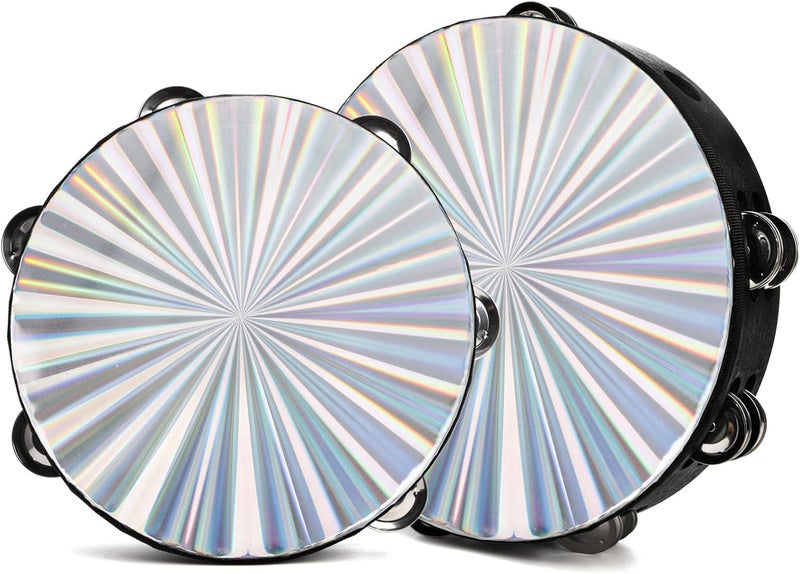 Youeon 2 Pack Radiant Tambourine with Double Row Jingles, 8/10 Inch Wood Handbell Music Reflective Drum, Hand Drum Percussion Instrument for Church, Tambourine for Dance, Party, KTV - Image 1
