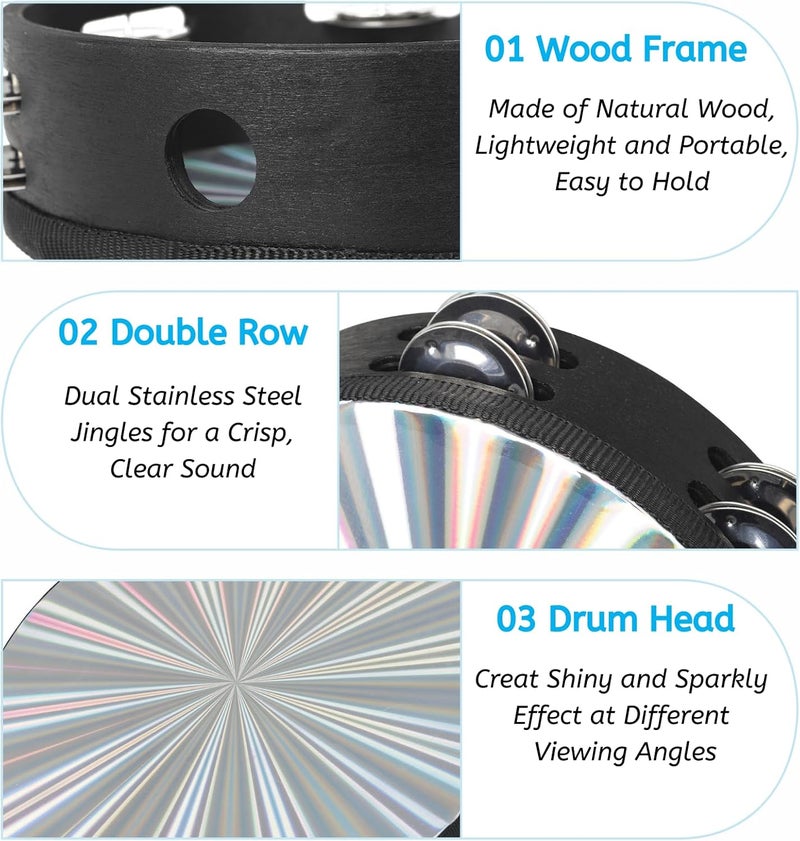 Youeon 2 Pack Radiant Tambourine with Double Row Jingles, 8/10 Inch Wood Handbell Music Reflective Drum, Hand Drum Percussion Instrument for Church, Tambourine for Dance, Party, KTV - Image 3