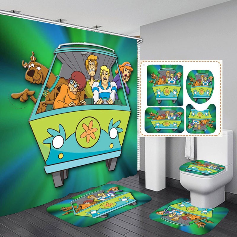 Frameless Scooby Scoob Bathroom 4 Pieces Set Shower Curtain, Toilet Lid Cover and Bath Mat, Non-Slip Rugs, Durable and Waterproof, for Bathroom Decor Set, 72" x 72" - Image 1