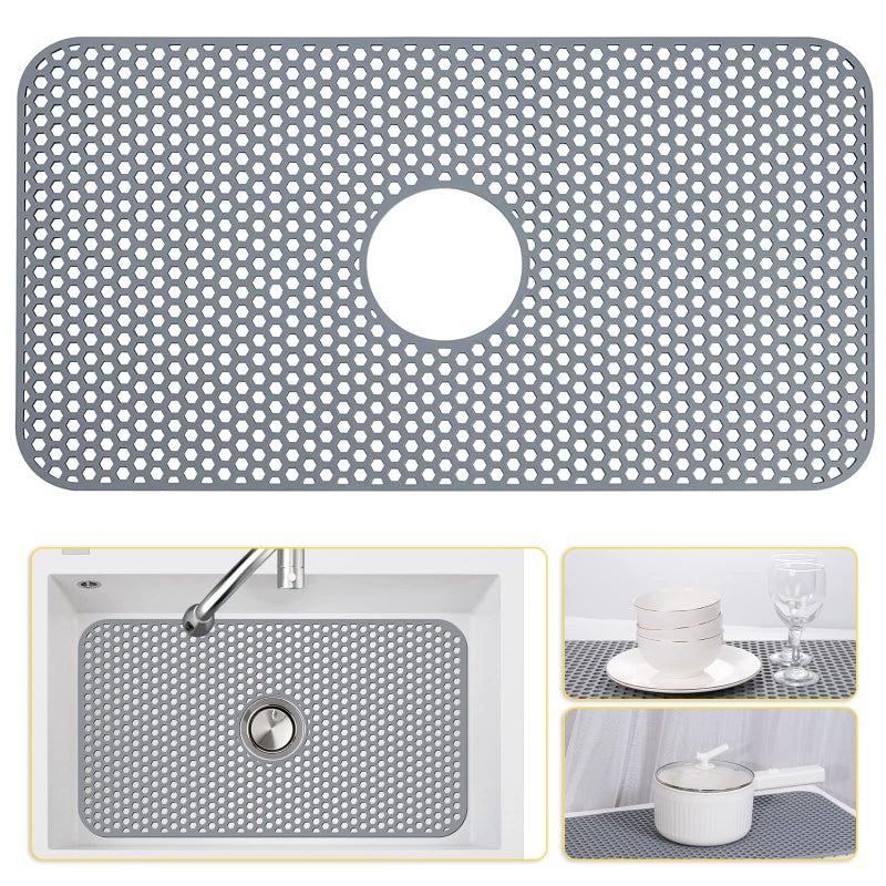 Bestjing Silicone Sink Mat 26 x 14 Protectors for Kitchen Sink with Center Drain Kitchen Protector Accessory NonSlip Grid Mat for Bottom of Farmhouse Porcelain Stainless SteelCenter Hole