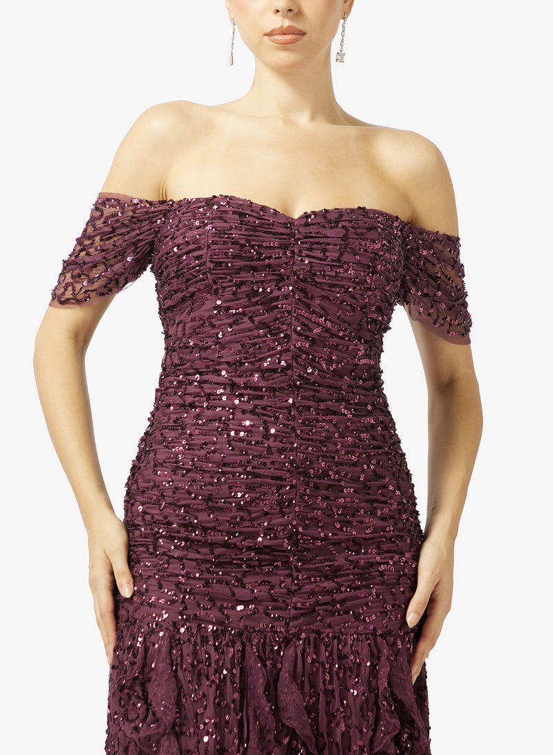 مايا فستان ماكسي مكشكش بياقة مكشوفة مزين بالكامل - Image 3