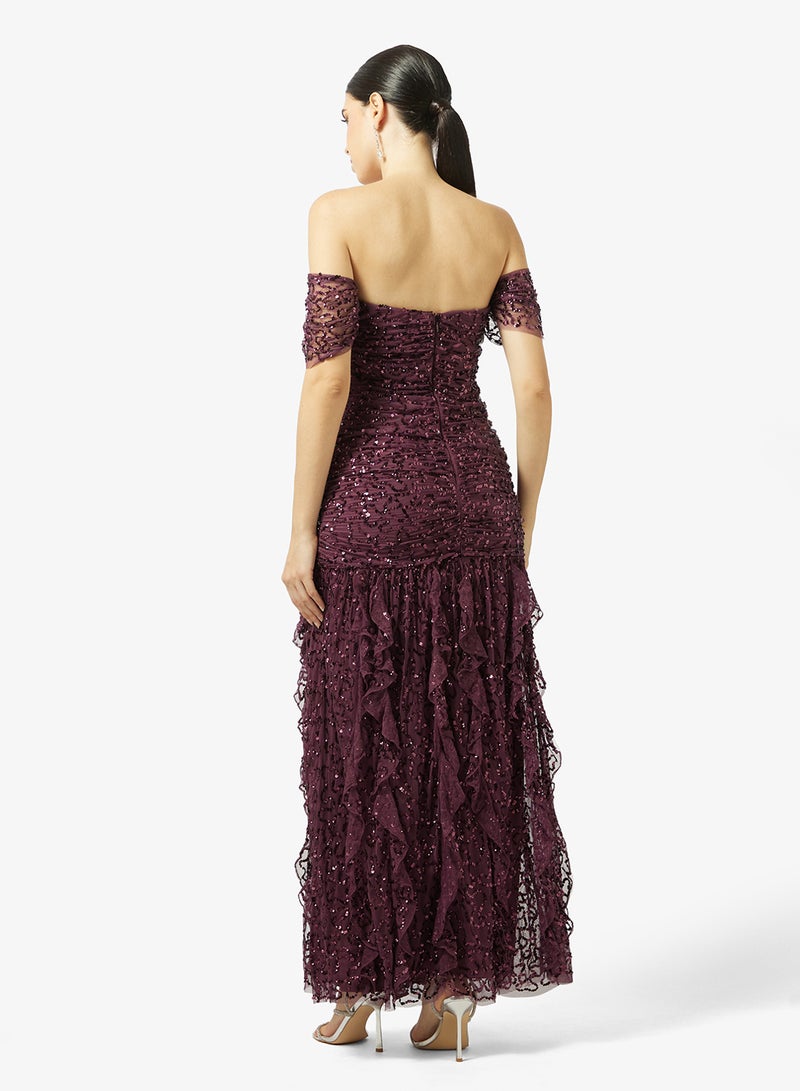 مايا فستان ماكسي مكشكش بياقة مكشوفة مزين بالكامل - Image 2