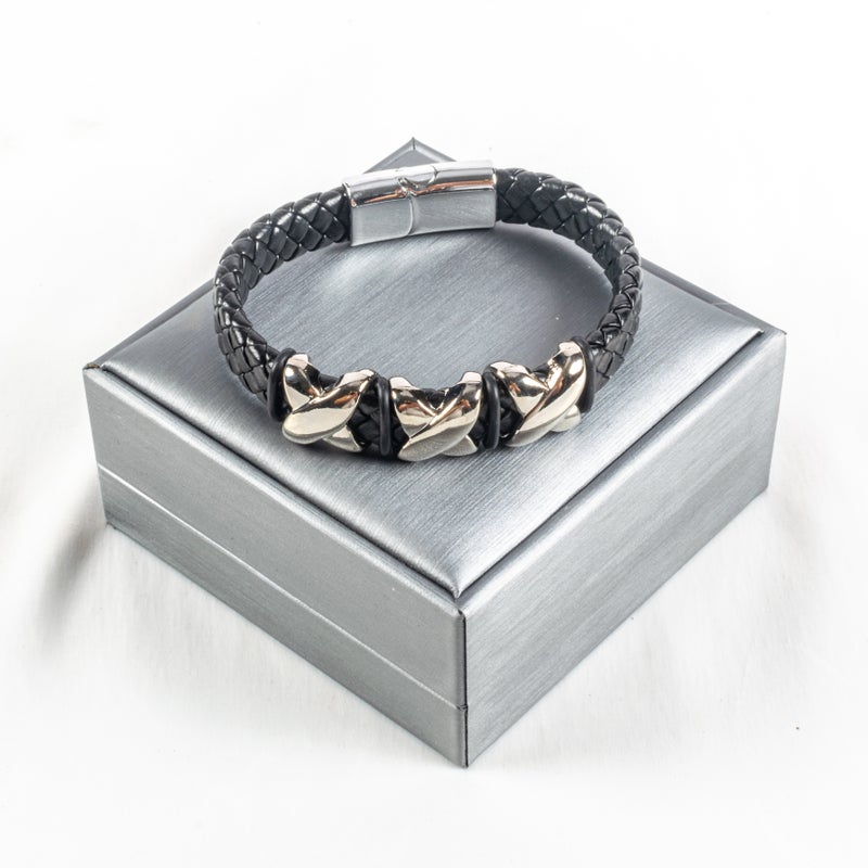 أسورة رجالي أستانليس ستيل وجلد أسود - Image 1