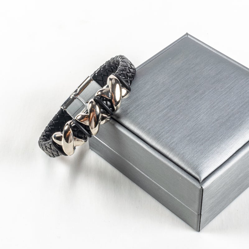 أسورة رجالي أستانليس ستيل وجلد أسود - Image 2