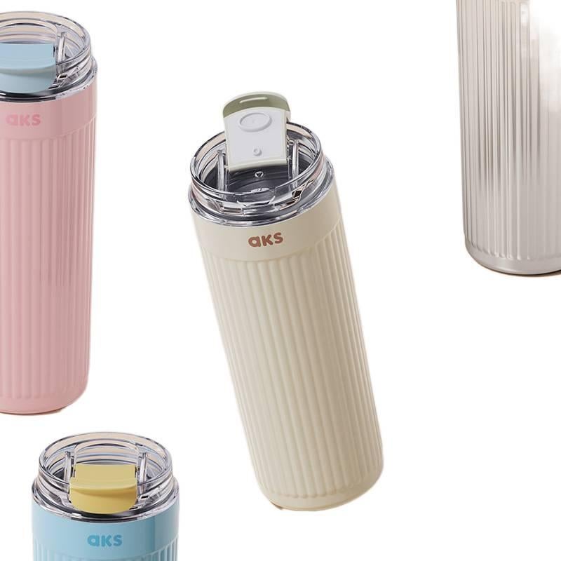 كوب قهوة بغطاء بشفاط ومناسب لحامل الأكواب من ستانلس ستيل، 550 ml مع غطاء بقشة من الستانلس ستيل - Image 4