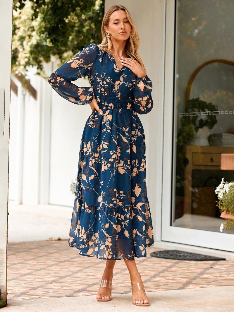 Simplee Women's Floral Boho Long Sleeve Maxi Dress V Neck Empire Waist Swing Flowy Wedding Guest Dress Navy Floral XXL - Image 4