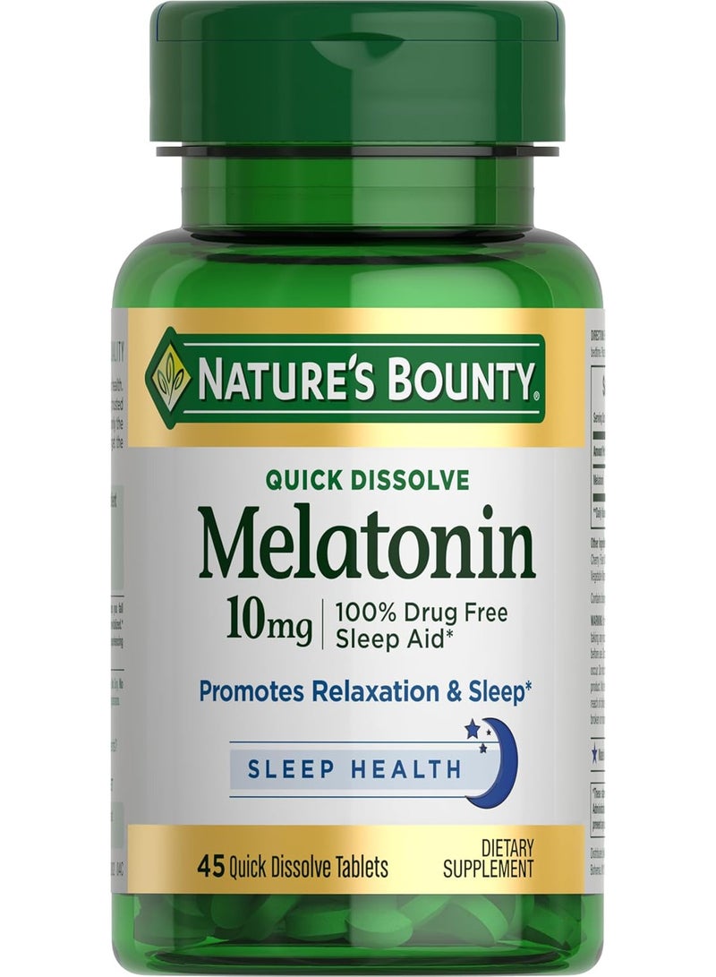 NATURE'S BOUNTY Melatonin, 100% Drug Free Sleep Aid, Dietary Supplement, Promotes Relaxation and Sleep Health, 10mg, 45 Quick Dissolve Tablets - Image 1