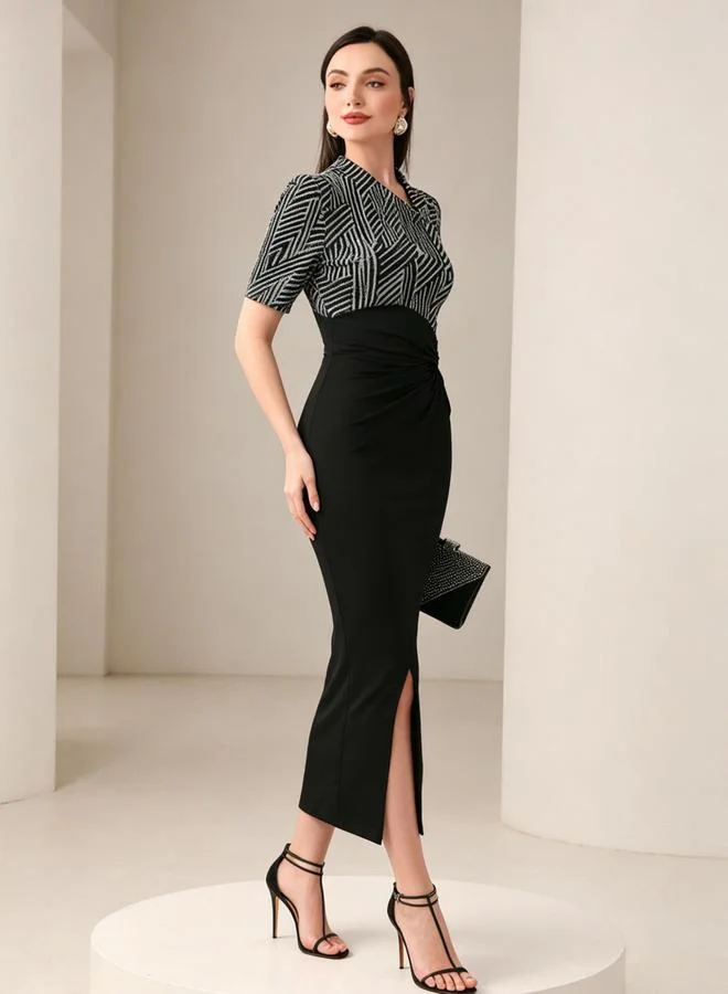 تايك تو Black Geometric Print Bodycon Midi Dress