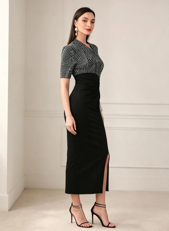 تايك تو Black Geometric Print Bodycon Midi Dress