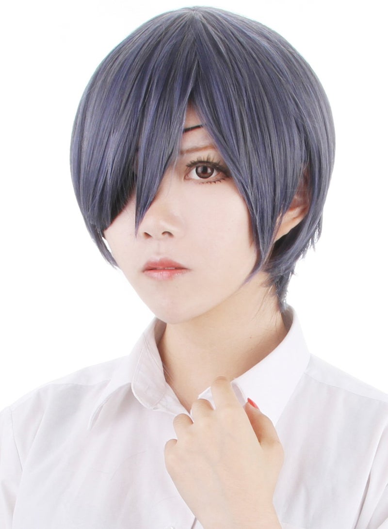 Probeauty Dark Blue Cosplay Wig with Eye Pad Mix Color Short Straight Male Halloween Costume Wigs Wig Cap for Men Boys
