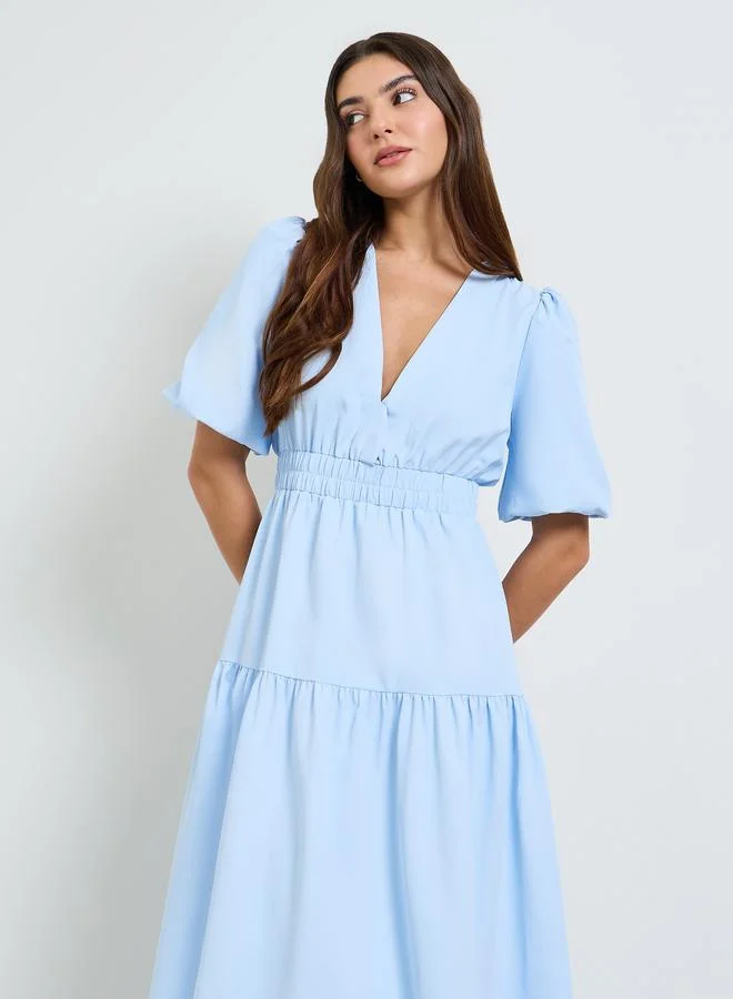 تايك تو Blue V Neck A-Line Midi Dress