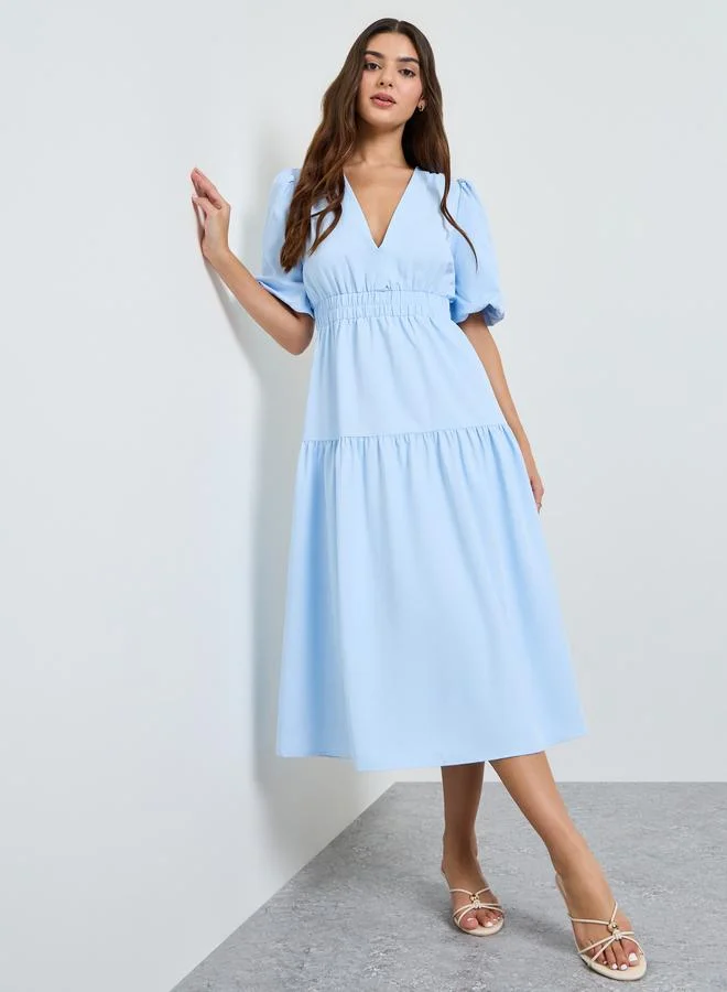 تايك تو Blue V Neck A-Line Midi Dress