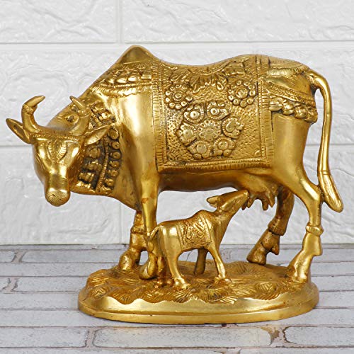 ARTVARKO Lucky Nandi Kamdhenu Cow & Calf Brass Sculpture Religious KamDhenu Cow Statue 8 Inch Gold Color 1 Pcs Standard. - Image 1