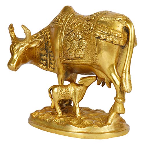 ARTVARKO Lucky Nandi Kamdhenu Cow & Calf Brass Sculpture Religious KamDhenu Cow Statue 8 Inch Gold Color 1 Pcs Standard. - Image 3