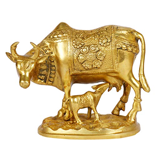 ARTVARKO Lucky Nandi Kamdhenu Cow & Calf Brass Sculpture Religious KamDhenu Cow Statue 8 Inch Gold Color 1 Pcs Standard. - Image 2