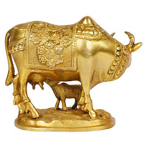 ARTVARKO Lucky Nandi Kamdhenu Cow & Calf Brass Sculpture Religious KamDhenu Cow Statue 8 Inch Gold Color 1 Pcs Standard. - Image 5