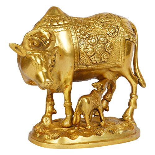 ARTVARKO Lucky Nandi Kamdhenu Cow & Calf Brass Sculpture Religious KamDhenu Cow Statue 8 Inch Gold Color 1 Pcs Standard. - Image 4