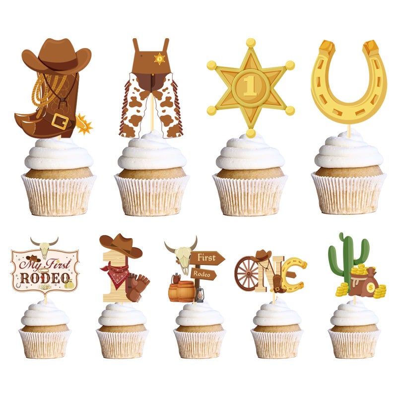 Wxiben My First Rodeo Decorations Boy - Wxiben 36PCS First Rodeo Birthday Decorations Boy Cowboy Hats Cupcake Toppers Cowboy Birthday Brown Cupcake Pick Decor Western Theme 1st Birthday Party Supplies - Image 1