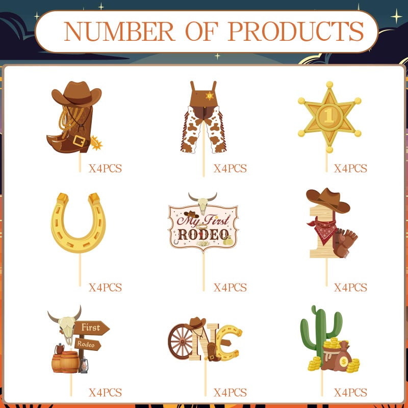 Wxiben My First Rodeo Decorations Boy - Wxiben 36PCS First Rodeo Birthday Decorations Boy Cowboy Hats Cupcake Toppers Cowboy Birthday Brown Cupcake Pick Decor Western Theme 1st Birthday Party Supplies - Image 2