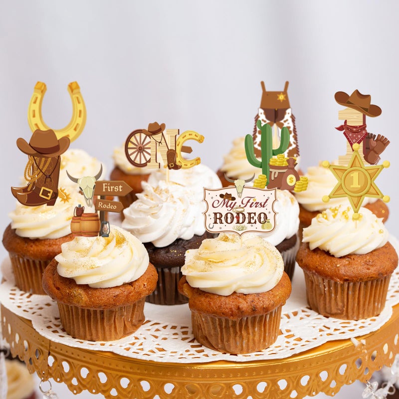 Wxiben My First Rodeo Decorations Boy - Wxiben 36PCS First Rodeo Birthday Decorations Boy Cowboy Hats Cupcake Toppers Cowboy Birthday Brown Cupcake Pick Decor Western Theme 1st Birthday Party Supplies - Image 4