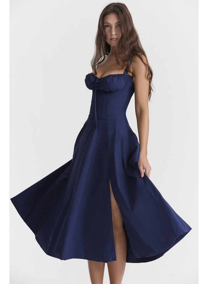 SCACTO Floral Print Bustier Top Lace Up Split Midi Dress 
