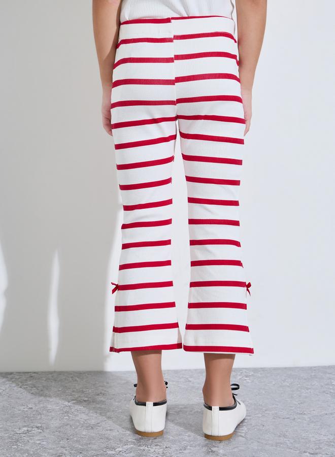 Styli Girls Off White Striped Side Site Cropped Leggings with Bow Detail - Image 4