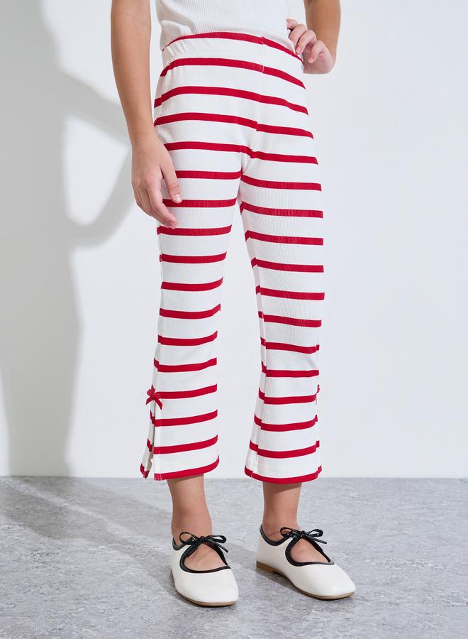 Styli Girls Off White Striped Side Site Cropped Leggings with Bow Detail - Image 1