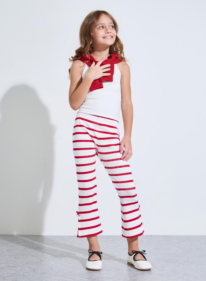 Styli Girls Off White Striped Side Site Cropped Leggings with Bow Detail - Image 2
