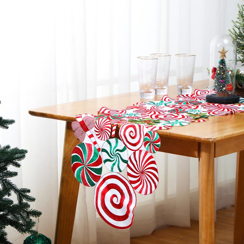 Kingdder Christmas Table Runner Embroidered Poinsettia Lollipop Candy Cane Table Runner Candy Table Mats for Kitchen Party Home Wedding Holiday Red White Green 70 x 15 Inches
