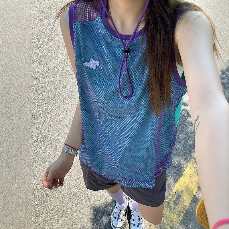 Women's Oversized Sleeveless Tank Top Quick-Dry Patchwork Cutout T-Shirt - Image 1